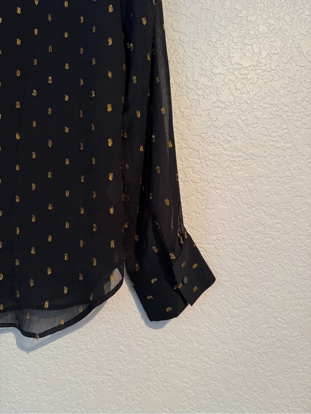 Ann Taylor Black Gold Metallic Clip Dot Ruffle Blouse Sheer Long Sleeve Small - Picture 4 of 6